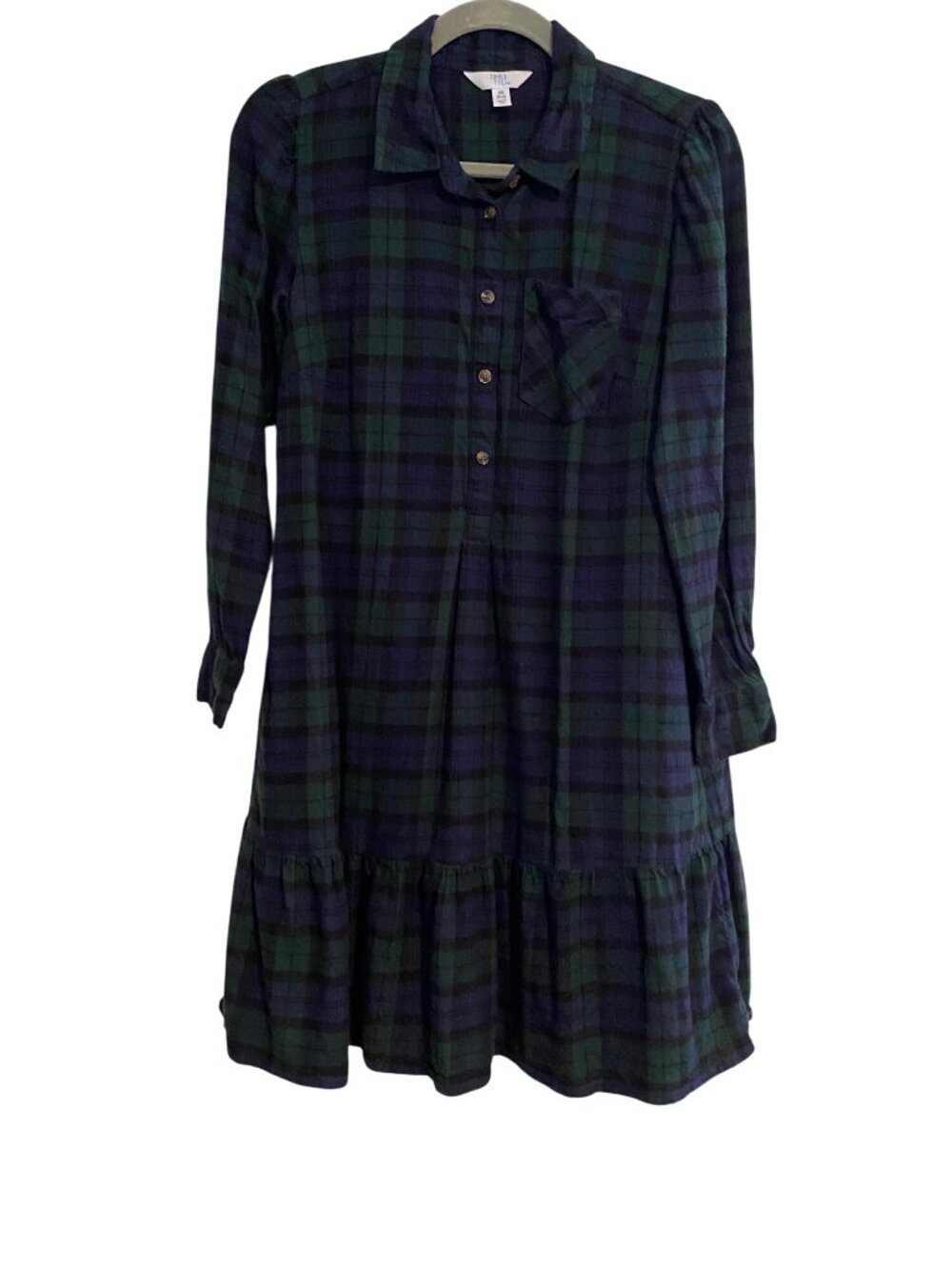 Time And Tru Women's XS Navy Green Shirt Dress Plaid Flannel Long Sleeve Y2K